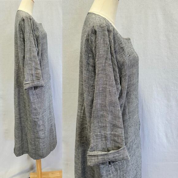 Vintage 80s linen lagenlook midi shift oversized dress houndstooth size small - Picture 3 of 16